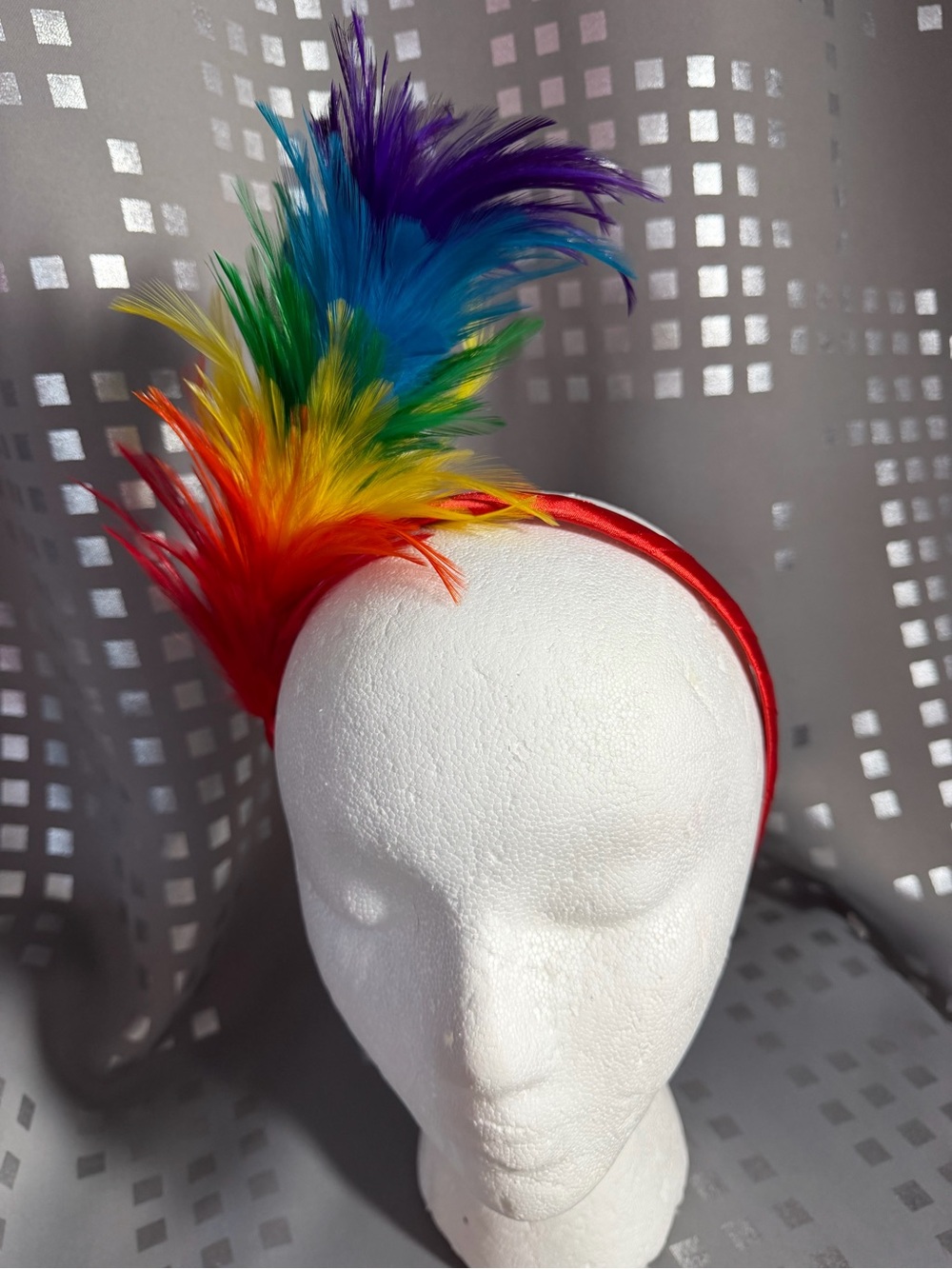 Adult Rainbow Feather Headband on Red Satin Ribbon Base